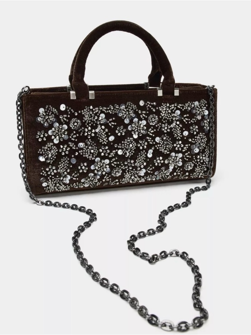 Zara Brown Velvet Embellished Crossbody Bag with Silver Accents